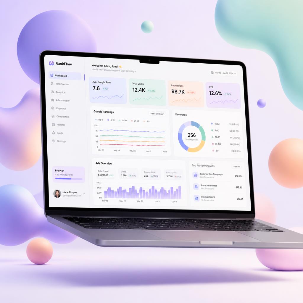 Dashboard showing website analytics, Google ranking and ads performance